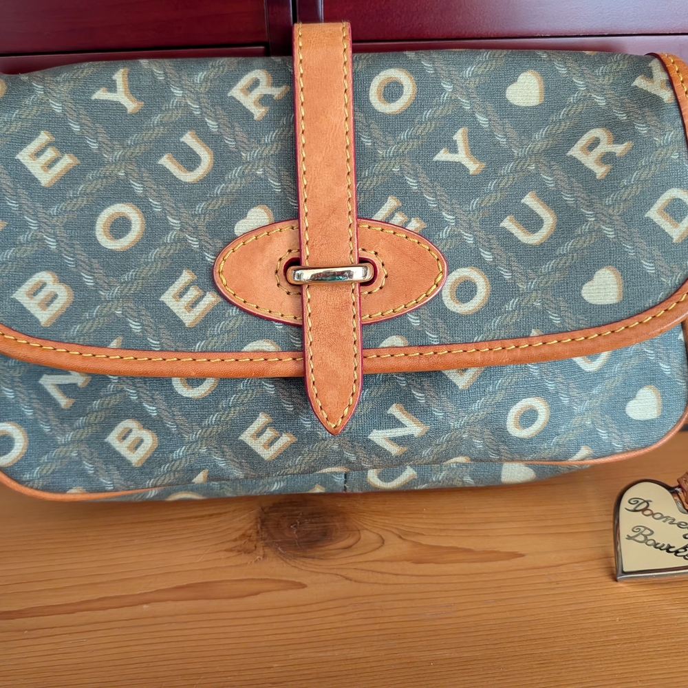 DOONEY & BOURKE Crossword Logo Print Grey and Tan Leather-Trim Clutch Bag